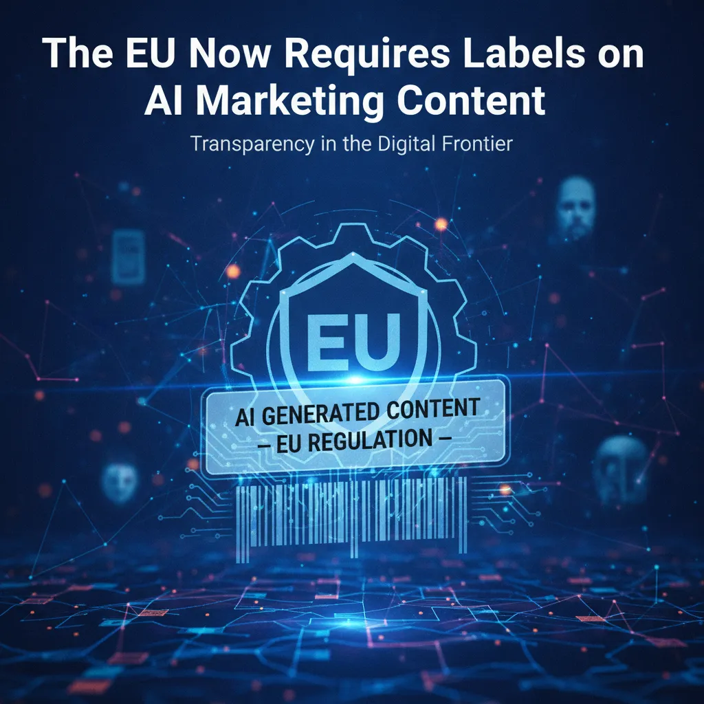 AI marketing strategy visualization with EU flag, compliance checkpoints, and campaign optimization elements representing Article 50 regulat