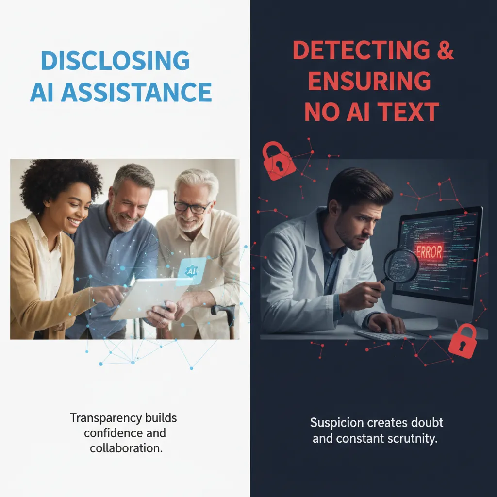 AI-assisted content creation with transparency elements, showing trust-building through honest disclosure instead of hidden detection method
