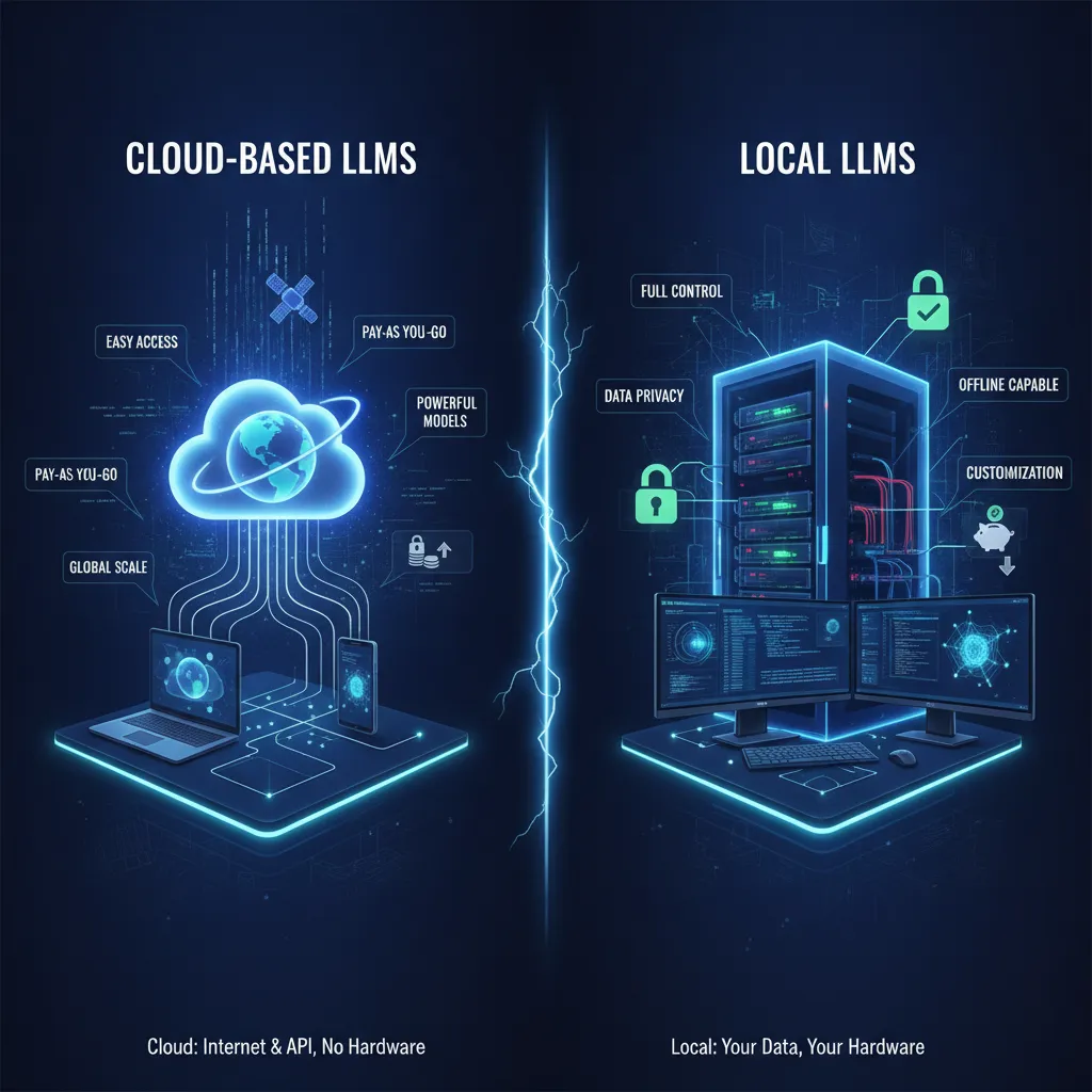 Illustration comparing two paths: on-left a server with shield and lock symbols representing local LLM security, on-right cloud infrastructu