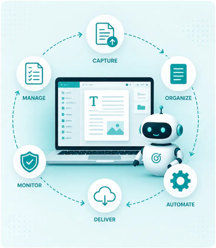 Image describing documentation workflow and automation services, showing a flow of how the service works.